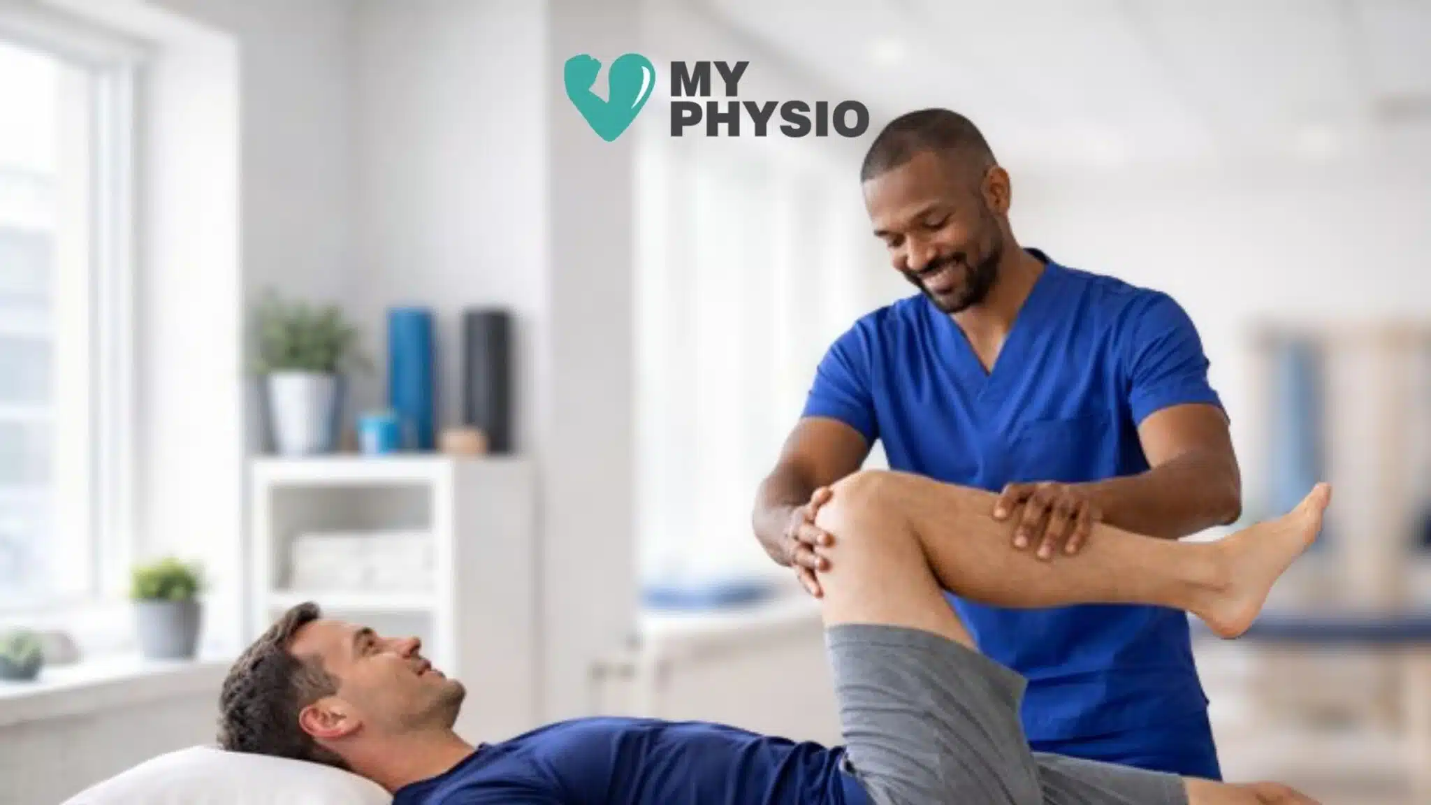 Physiotherapist performing hands-on knee rehabilitation treatment with a patient during a physiotherapy session.