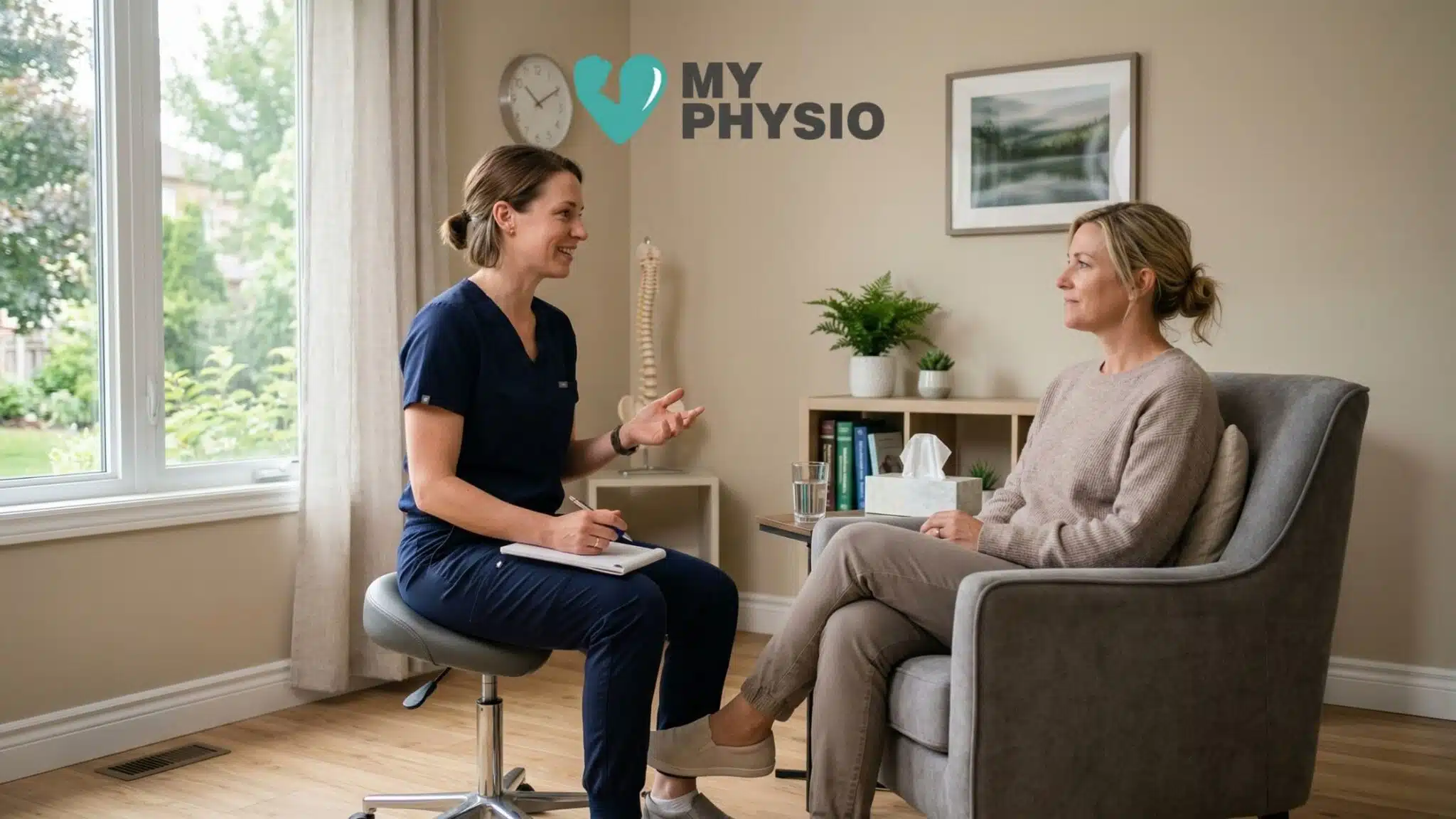 Physiotherapist consulting with a female patient in a bright clinic setting, discussing treatment plan during a one-on-one physiotherapy session at My Physio.