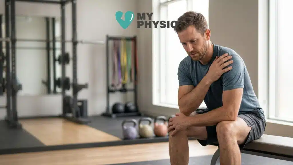 Man sitting in a gym holding his shoulder in pain, representing a sports injury and physiotherapy rehabilitation setting with weights and resistance equipment in the background