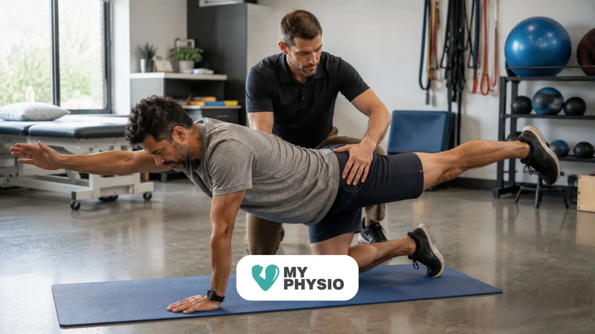 Physiotherapist guiding a patient through a bird-dog exercise to improve lower back strength, stability and movement.