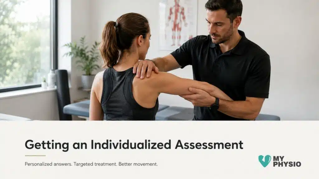 Physiotherapist assessing a woman's shoulder movement during an individualized physiotherapy assessment.
