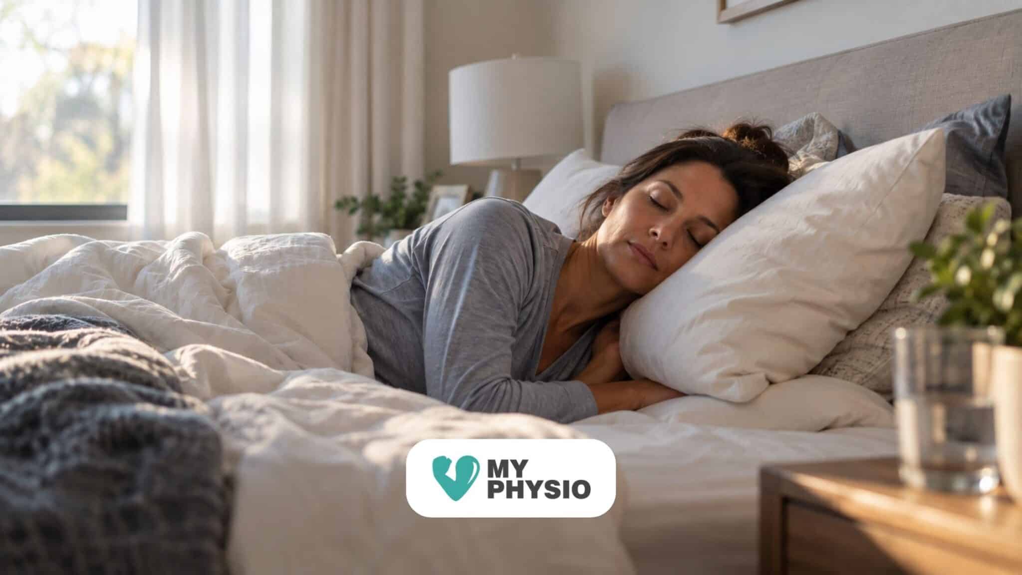 Woman sleeping on her side with a pillow supporting her head and neck, illustrating how sleeping position can affect neck comfort.